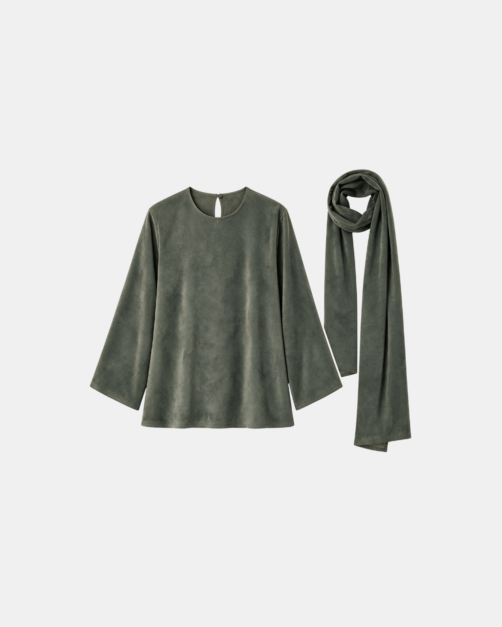 Suede Boxy Blouse with Scarf Khaki
