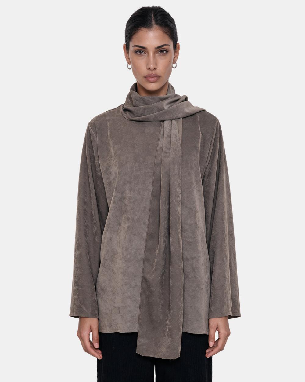 Suede Boxy Blouse with Scarf Taupe