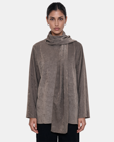 Suede Boxy Blouse with Scarf