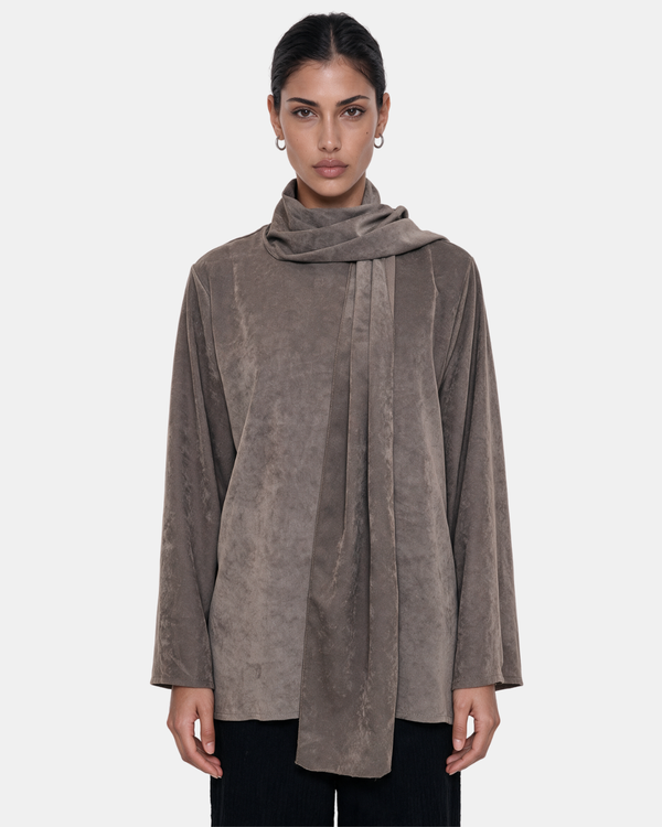 Suede Boxy Blouse with Scarf