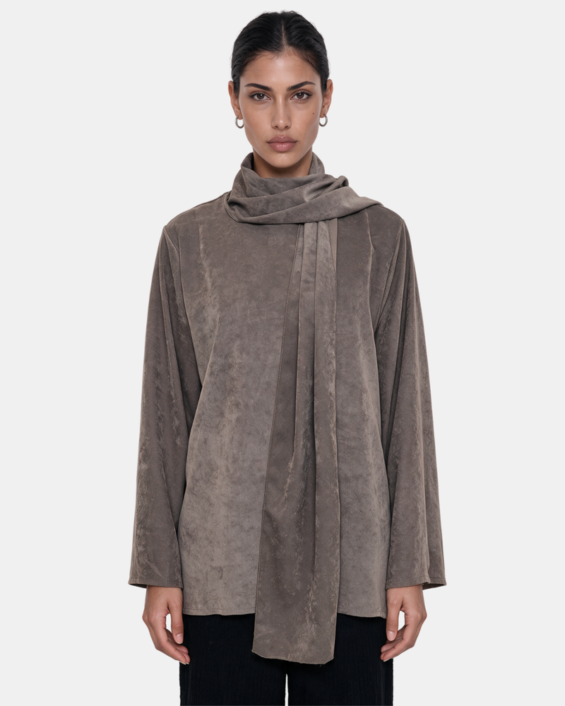 Suede Boxy Blouse with Scarf Taupe