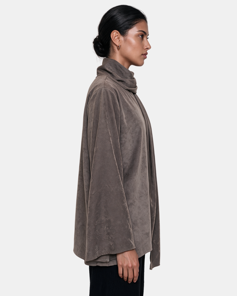 Suede Boxy Blouse with Scarf Taupe
