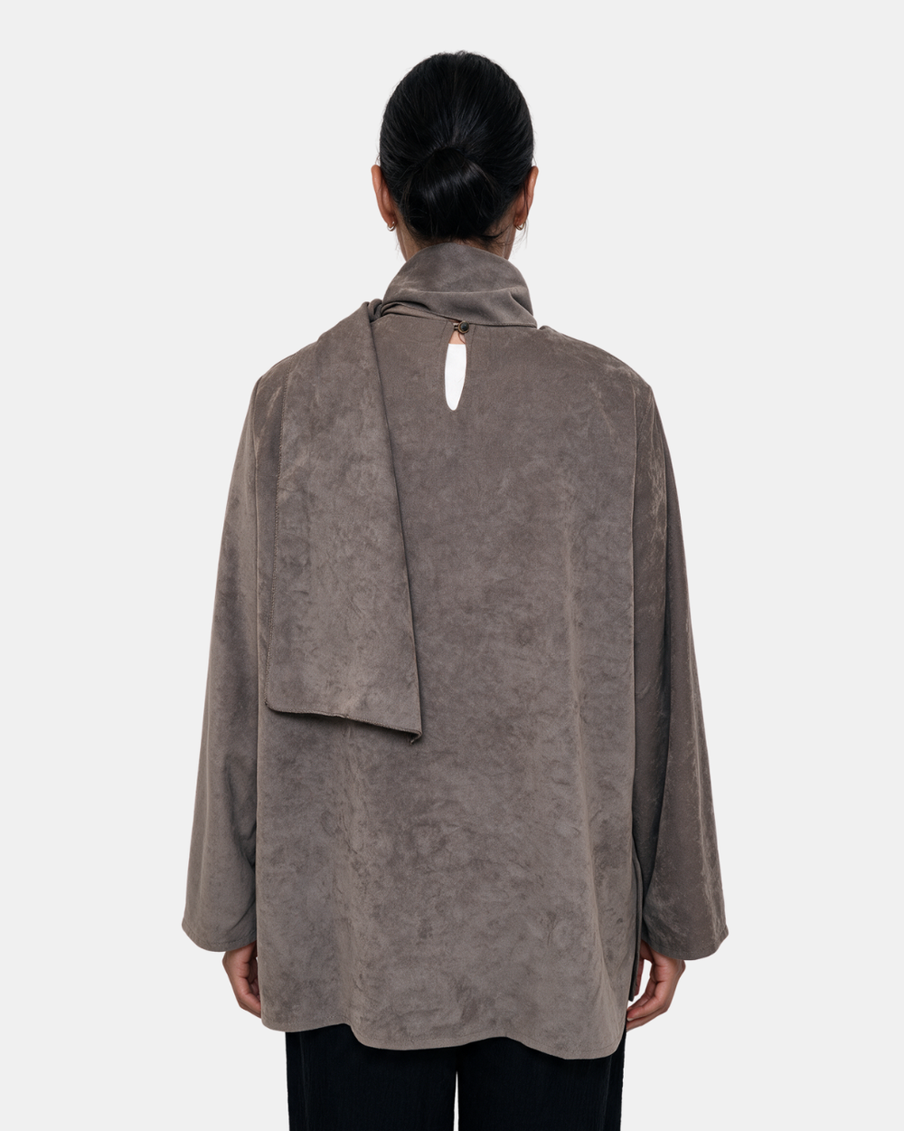 Suede Boxy Blouse with Scarf Taupe