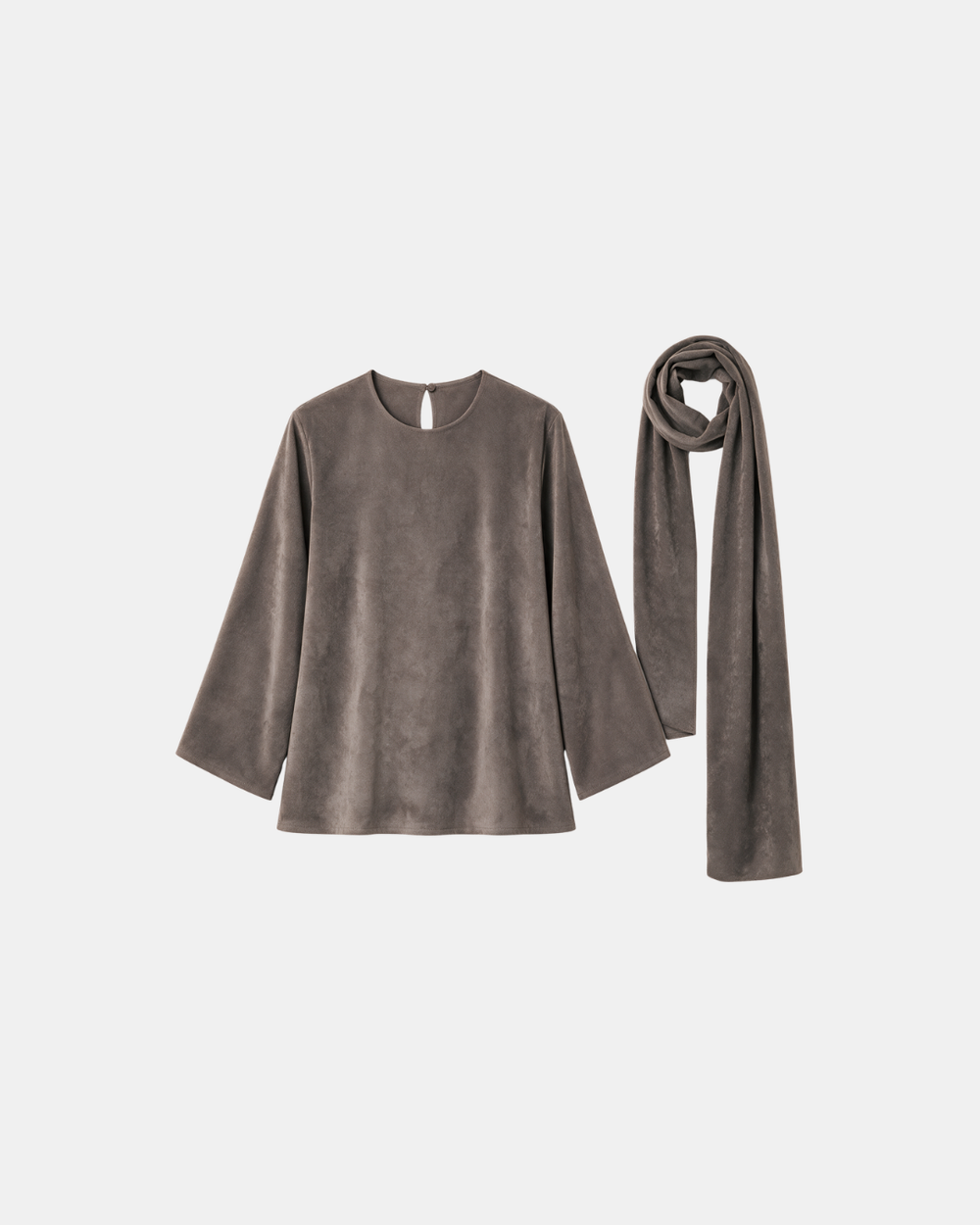 Suede Boxy Blouse with Scarf Taupe
