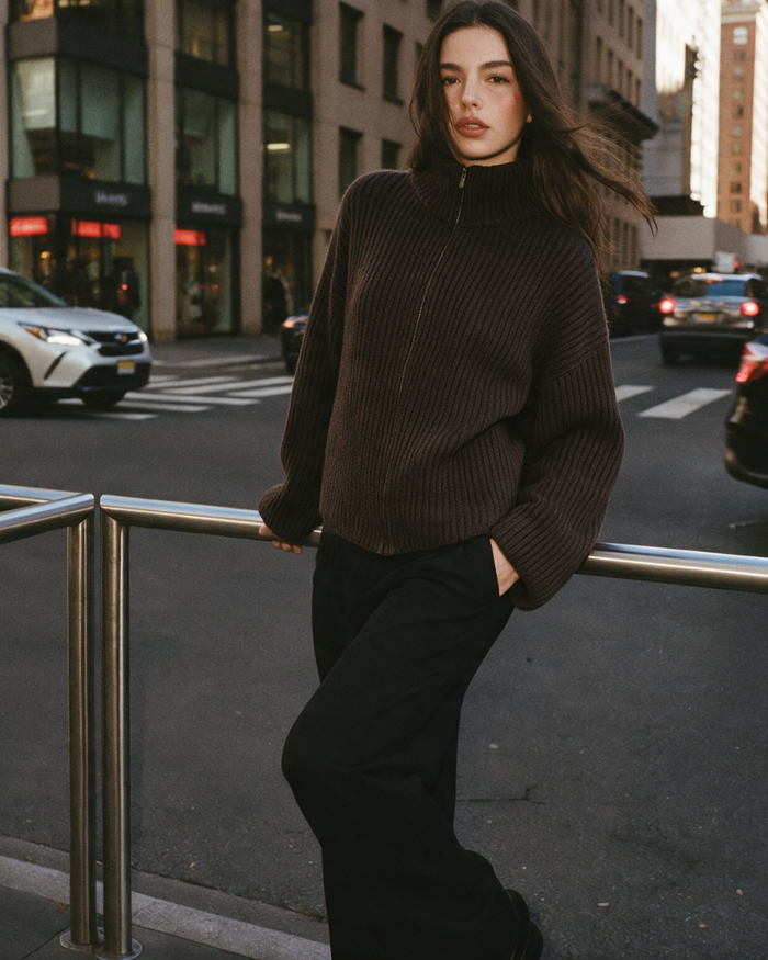 Wool Blend Zip Jacket worn — editorial