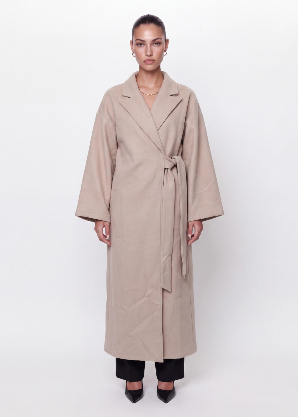 Wide Sleeve Belted Maxi Coat Beige