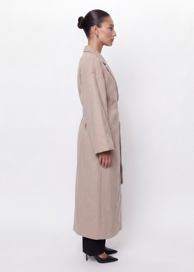 Wide Sleeve Belted Maxi Coat Beige