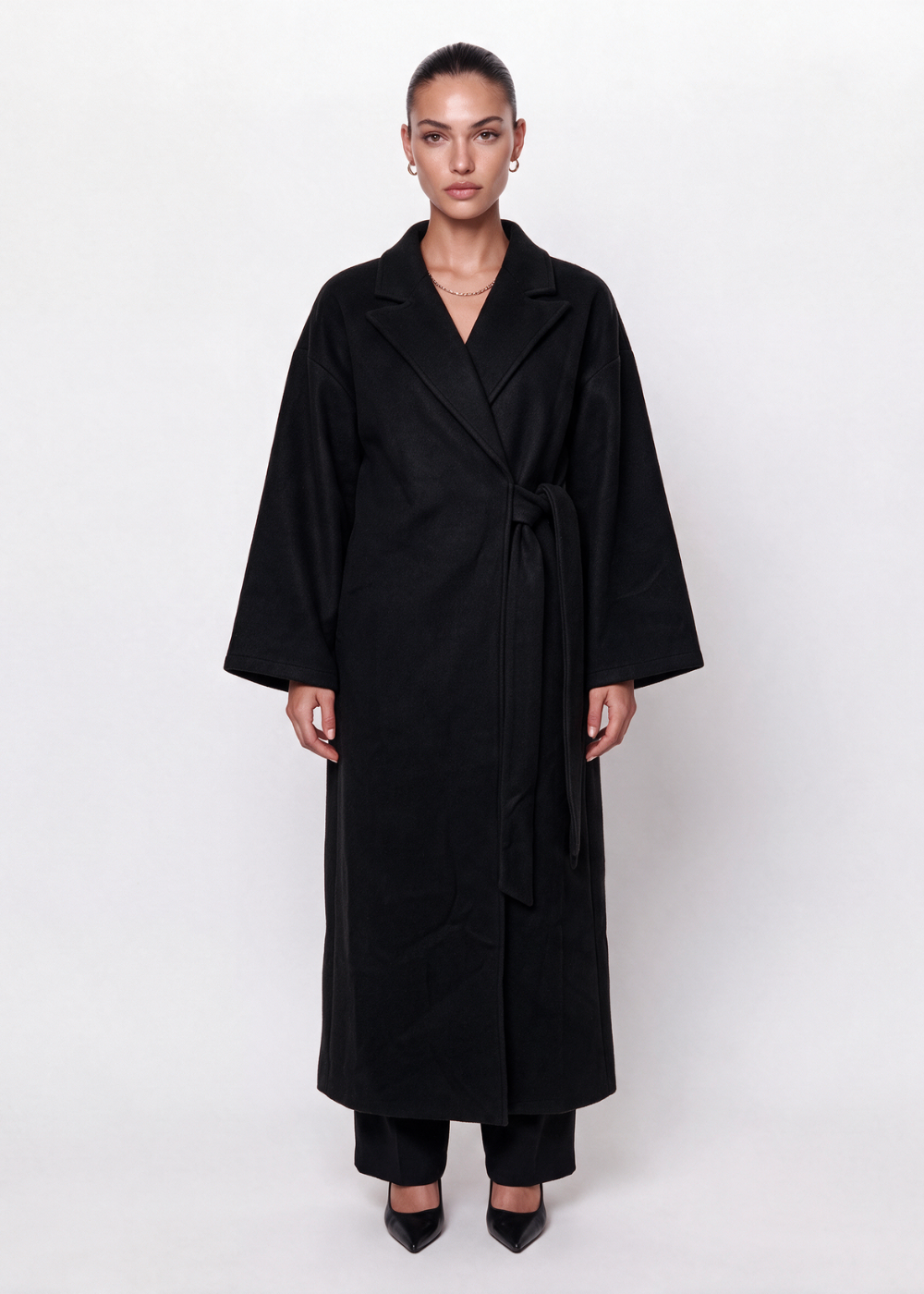 Wide Sleeve Belted Maxi Coat Black