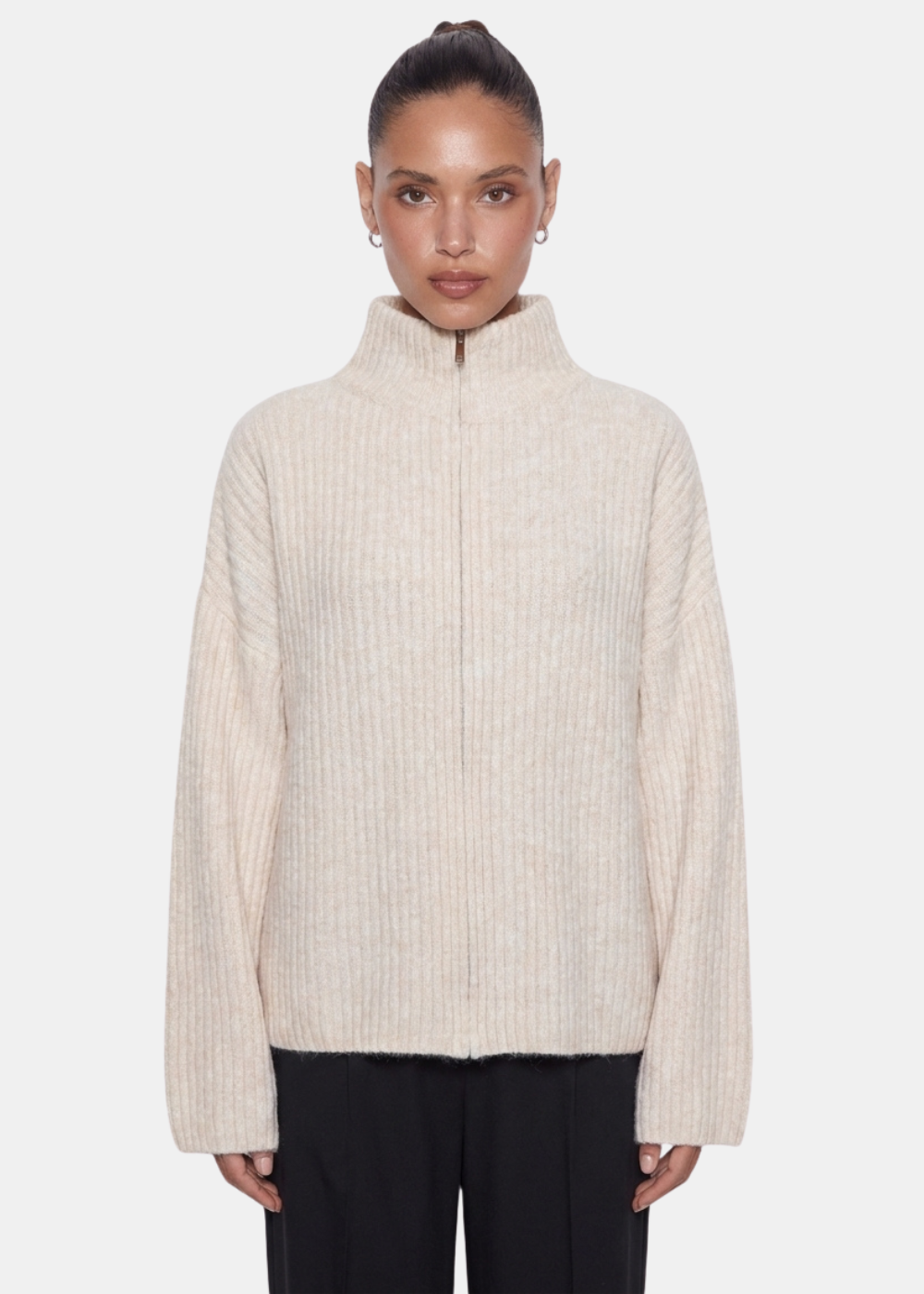 Wool Blend Zip Jacket Beige