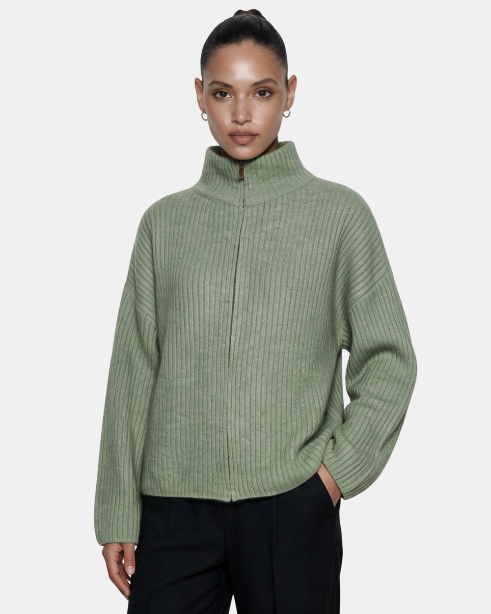 Wool Blend Zip Jacket Khaki