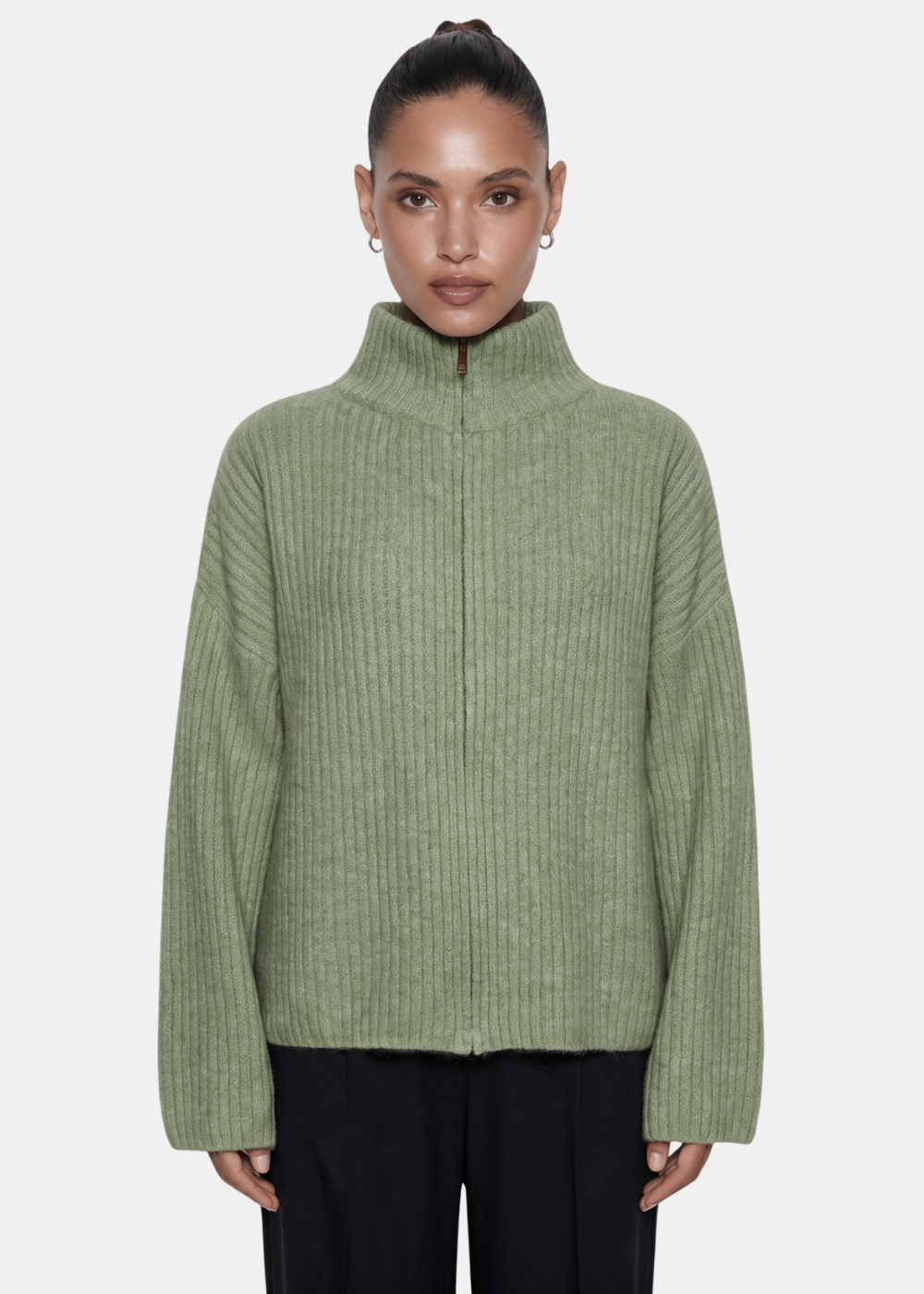 Wool Blend Zip Jacket Khaki