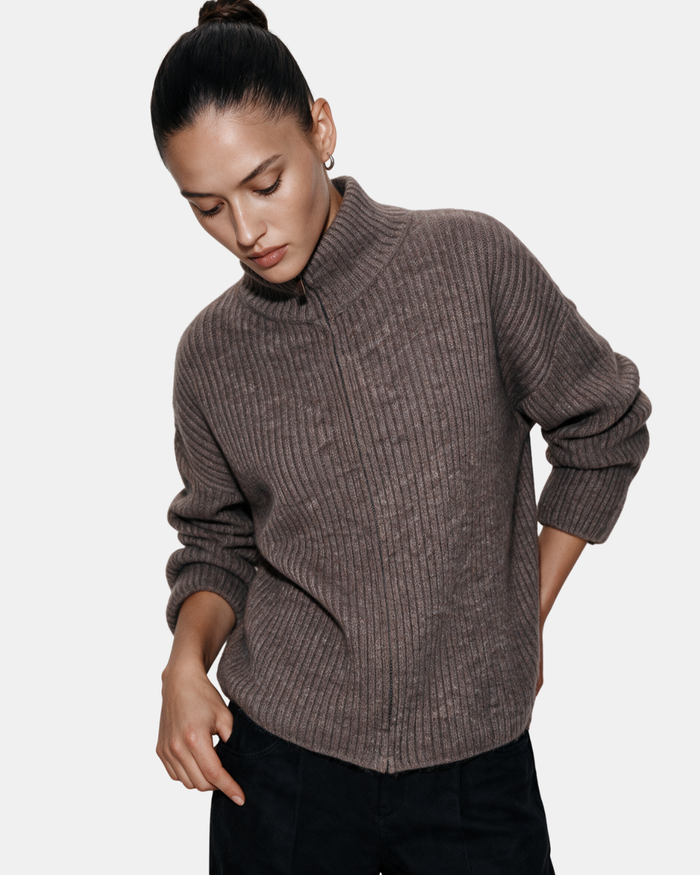 Wool Blend Zip Jacket Taupe