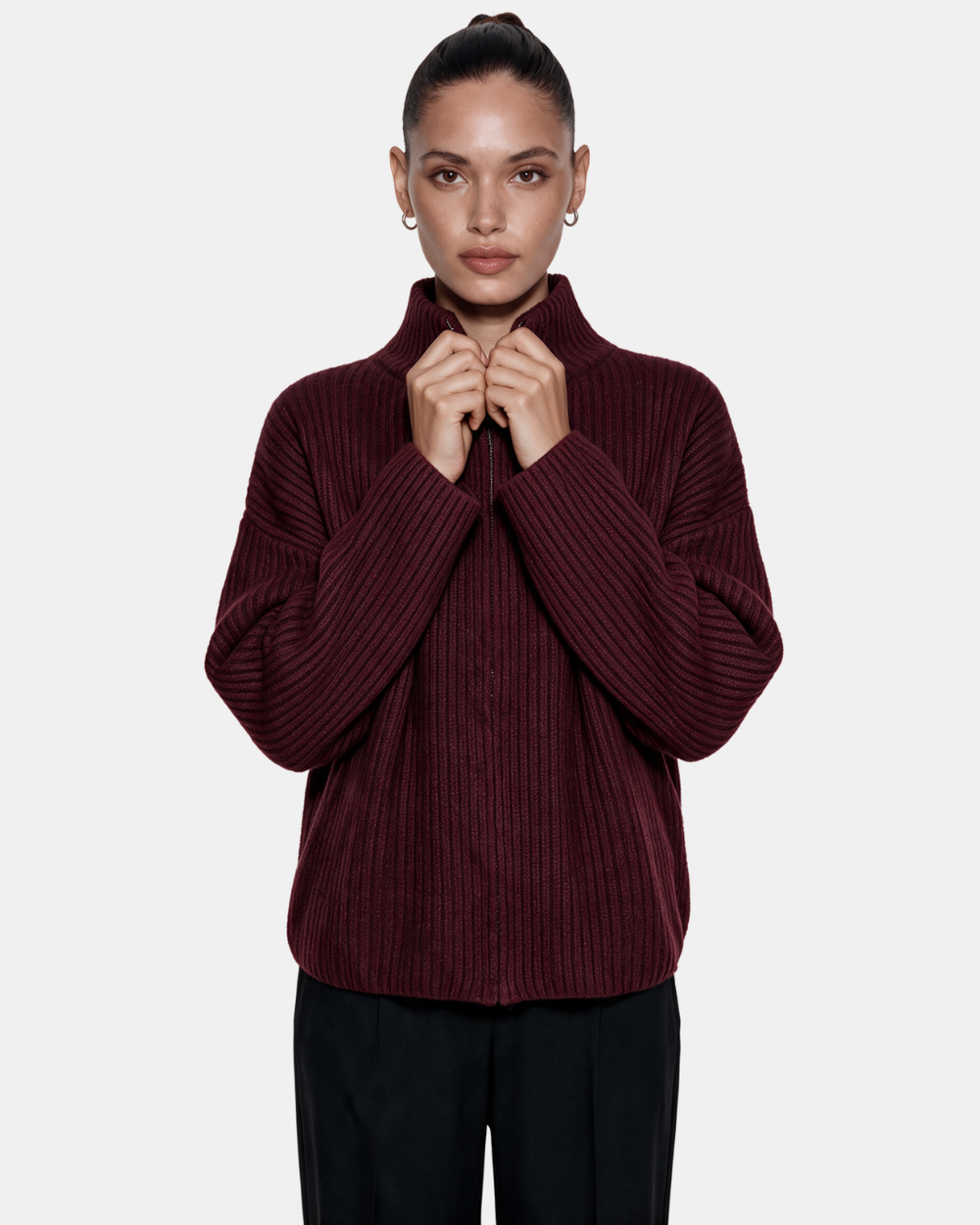 Wool Blend Zip Jacket Wine