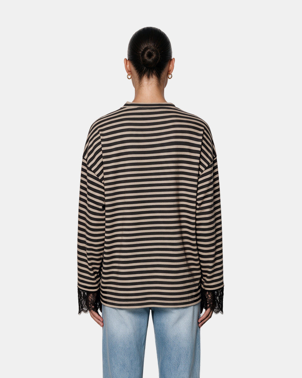Striped Lace Cuff Jersey Top Black