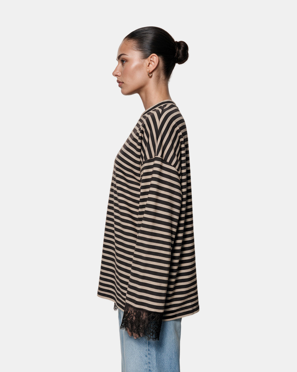 Striped Lace Cuff Jersey Top Black