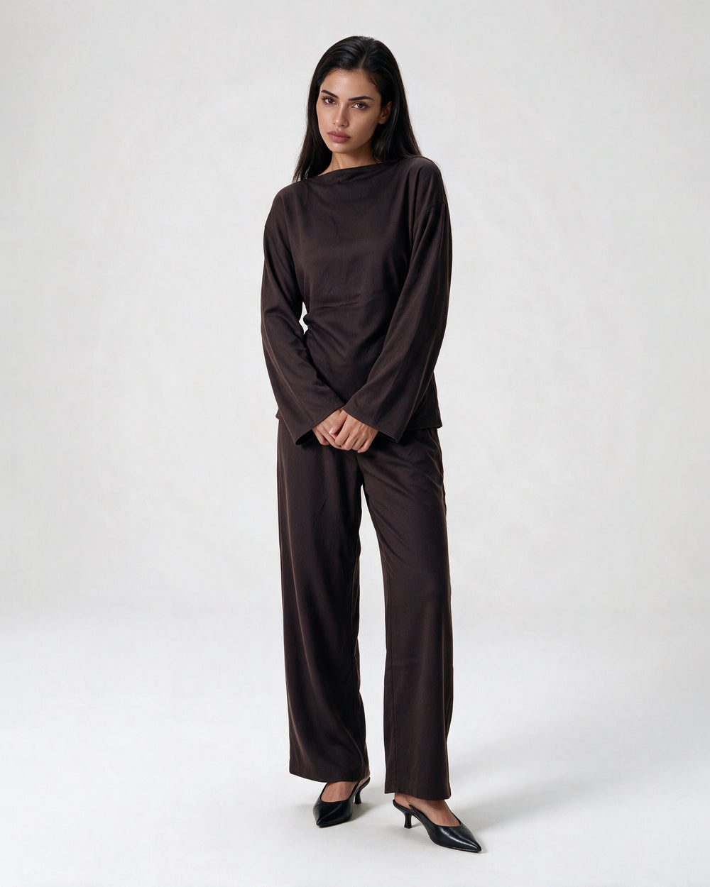 Boat Neck Belted Set Chocolate – front
