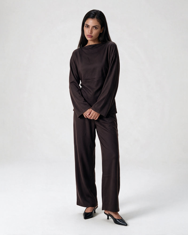 Boat Neck Belted Set Chocolate – front