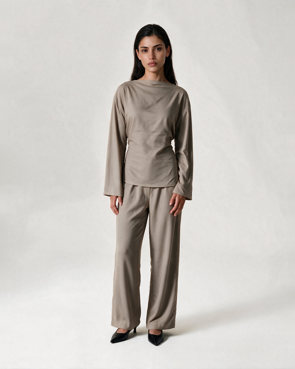 Boat Neck Belted Set Taupe – front