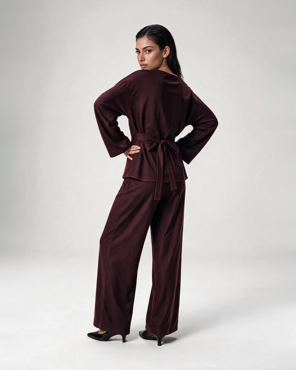 Boat Neck Belted Set Wine – back