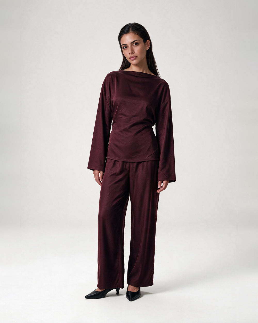 Boat Neck Belted Set Wine – front