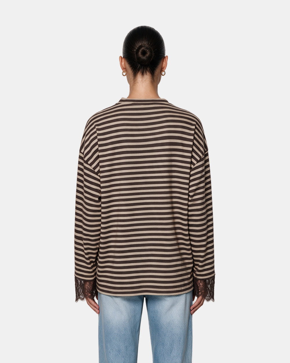 Striped Lace Cuff Jersey Top Chocolate