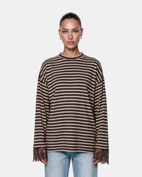Striped Lace Cuff Jersey Top