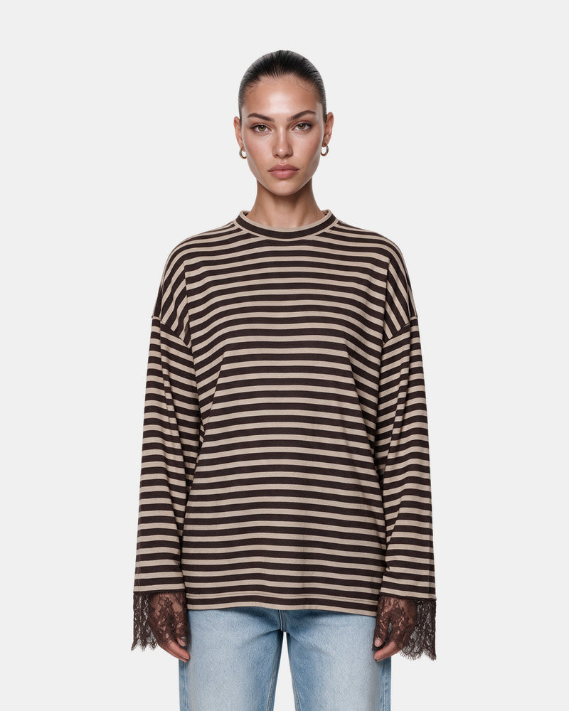 Striped Lace Cuff Jersey Top Chocolate