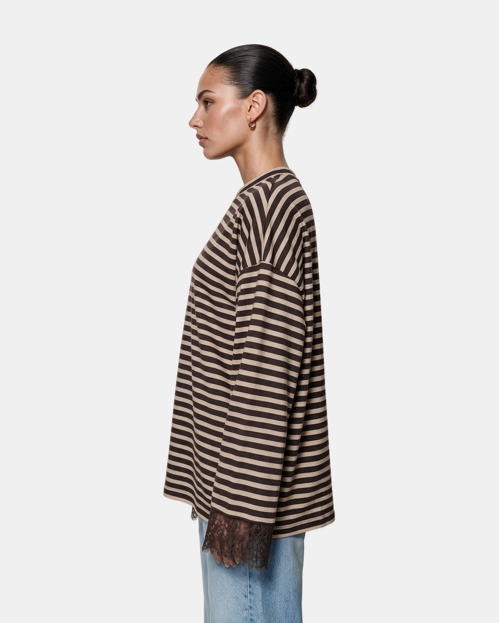 Striped Lace Cuff Jersey Top Chocolate