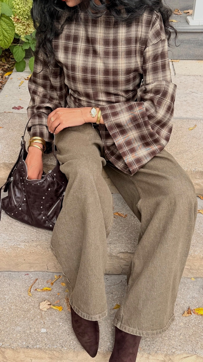 Check Print Belted Blouse worn