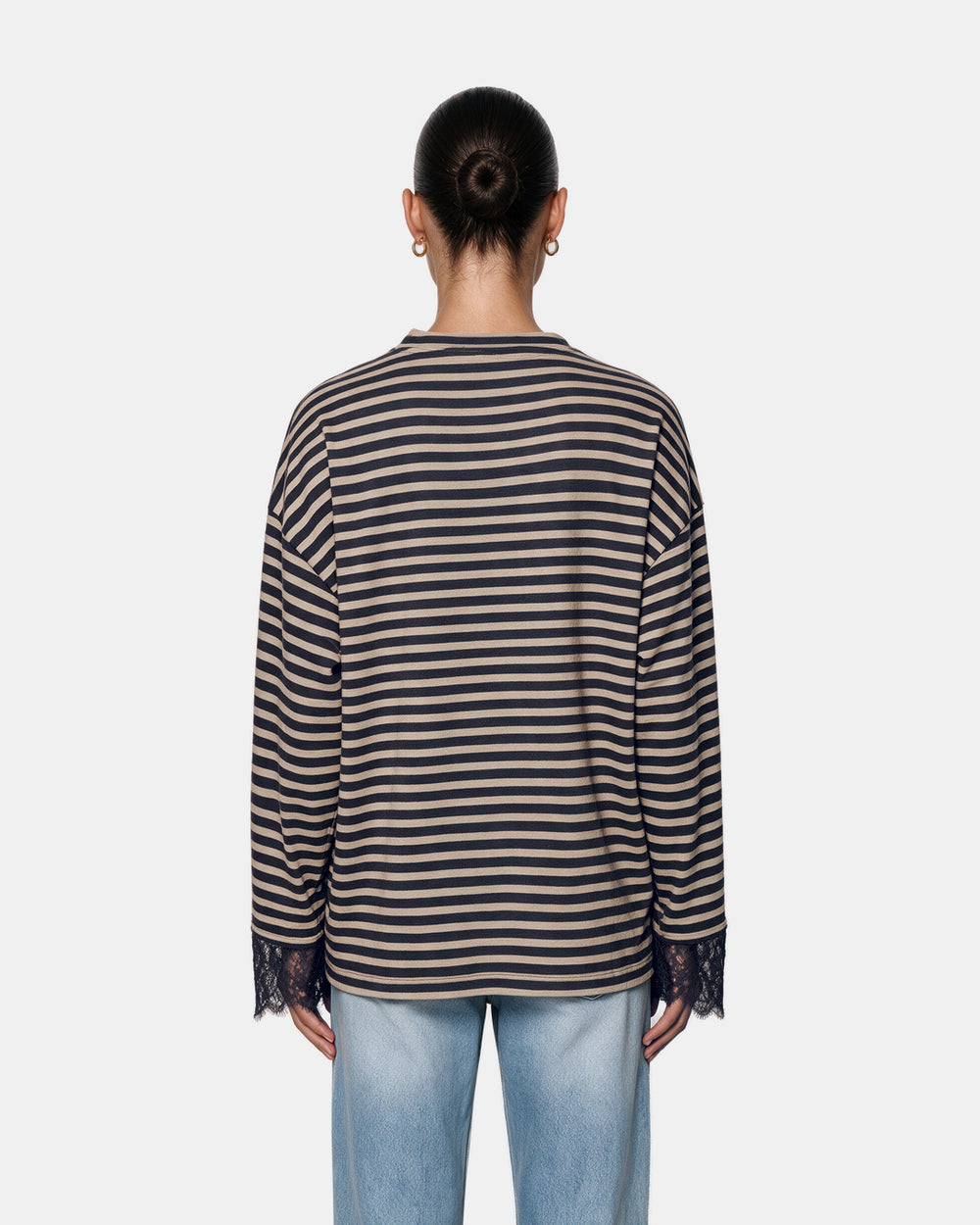 Striped Lace Cuff Jersey Top Navy