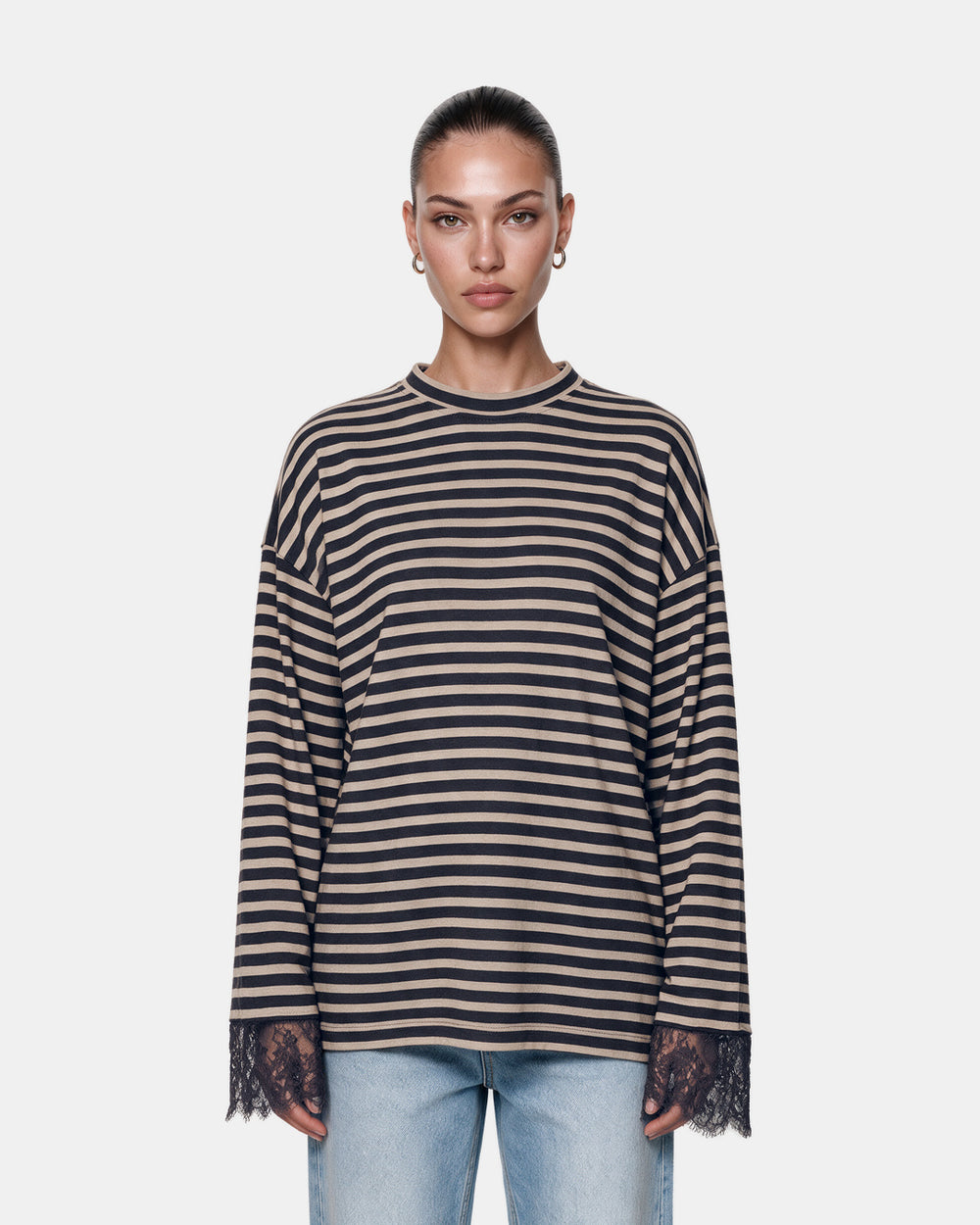 Striped Lace Cuff Jersey Top Navy