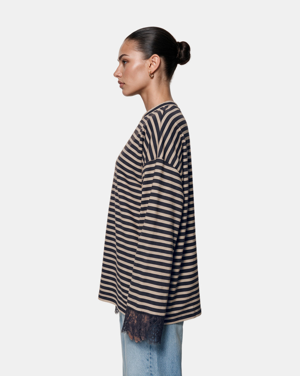 Striped Lace Cuff Jersey Top Navy