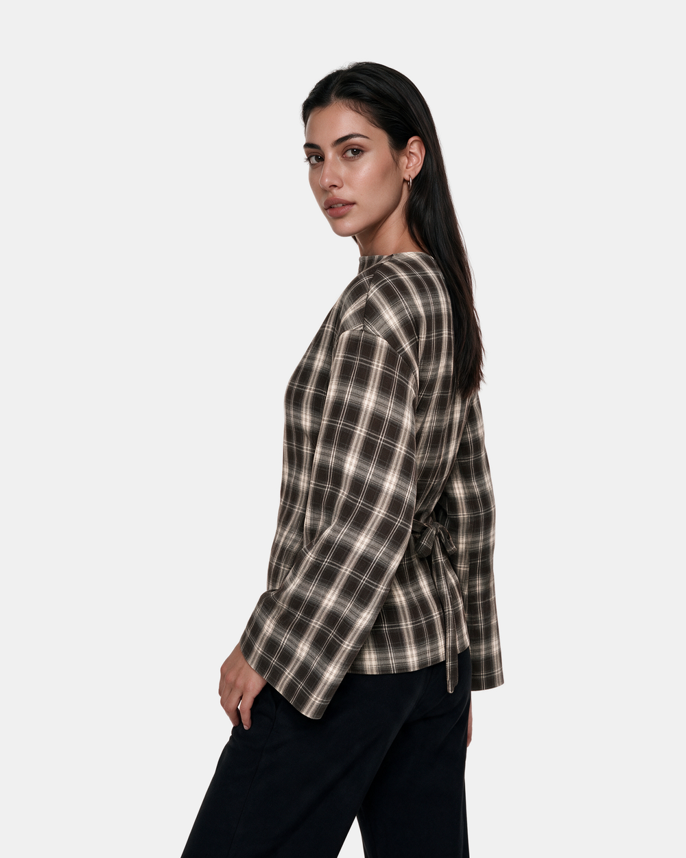 Check Print Belted Blouse Brown – back