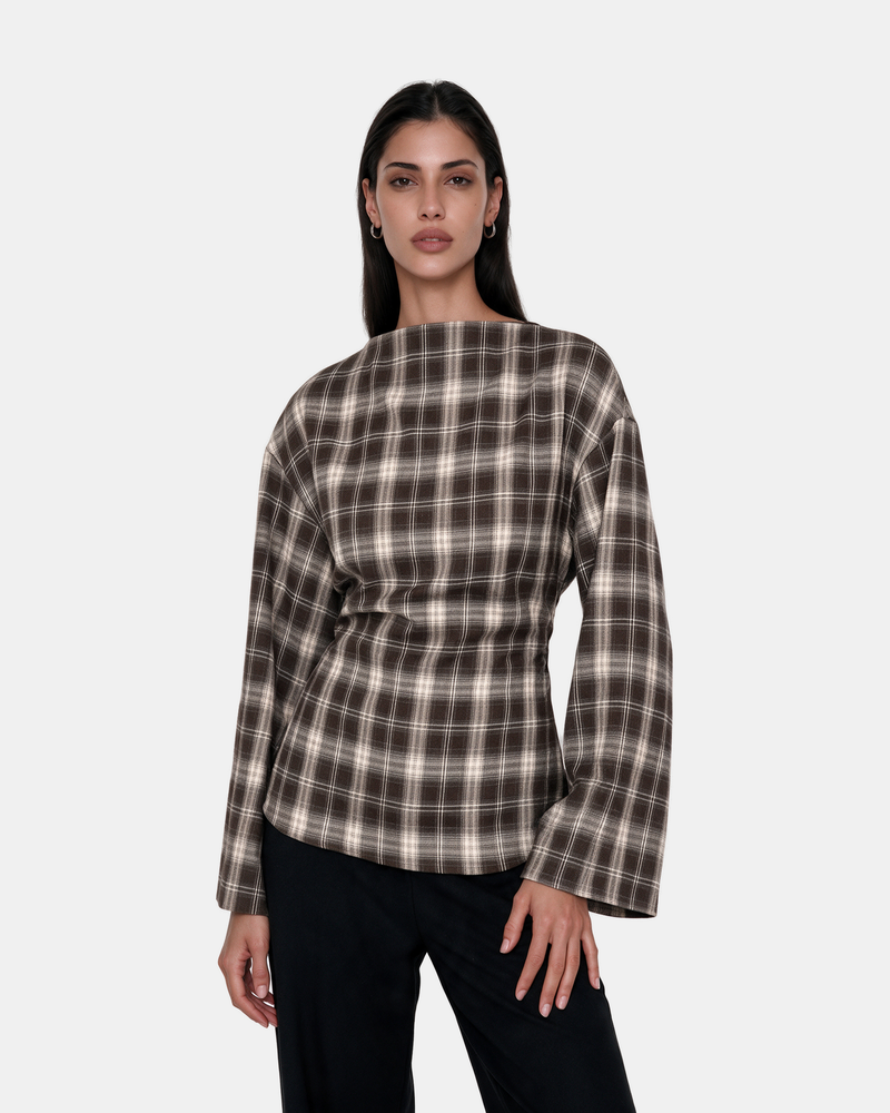 Check Print Belted Blouse Brown – front