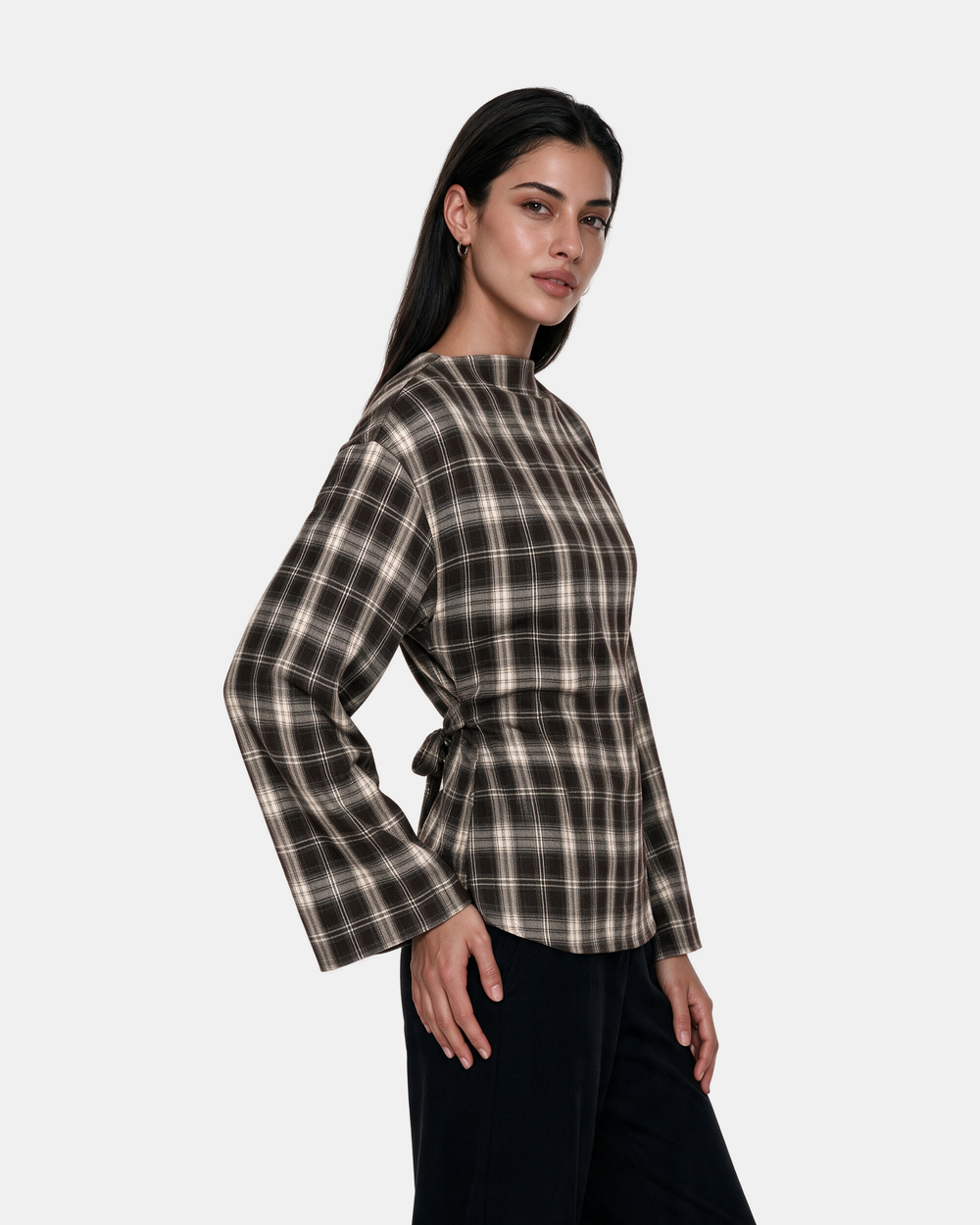 Check Print Belted Blouse Brown – side