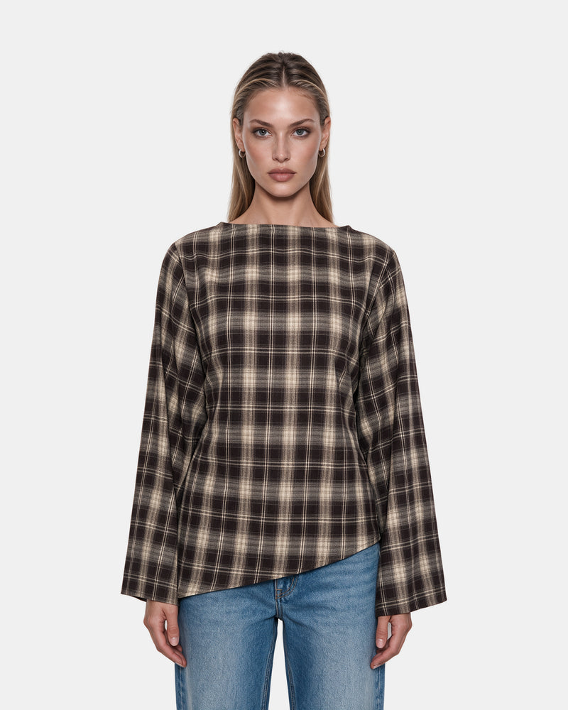 Asymmetric Plaid Blouse Chocolate – front