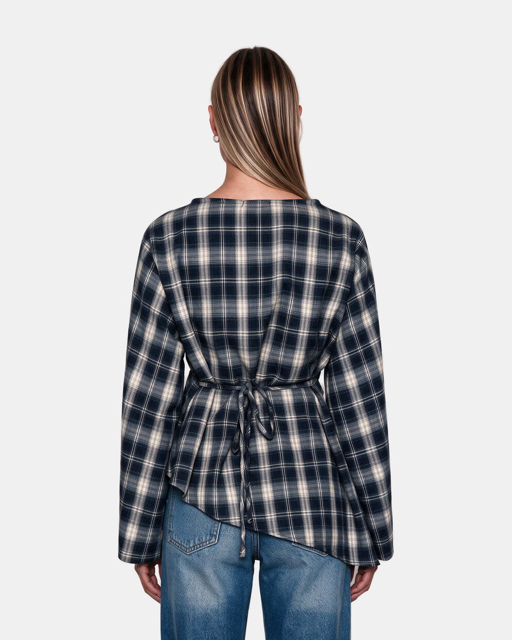 Asymmetric Plaid Blouse Navy – back