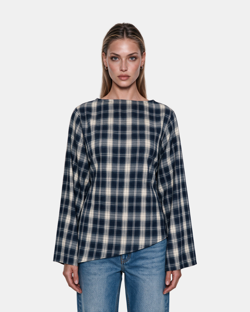 Asymmetric Plaid Blouse Navy – front