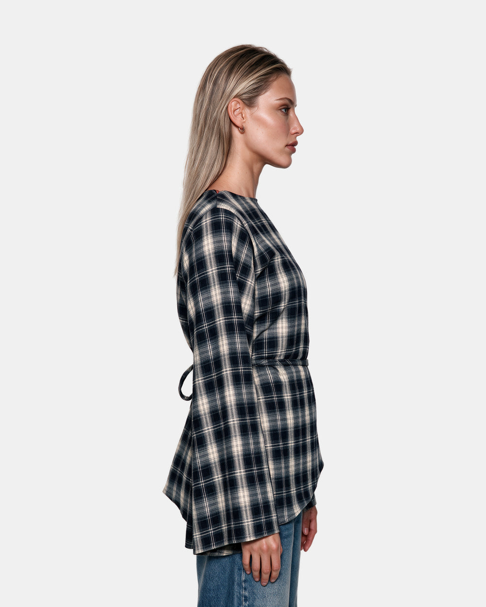 Asymmetric Plaid Blouse Navy – side