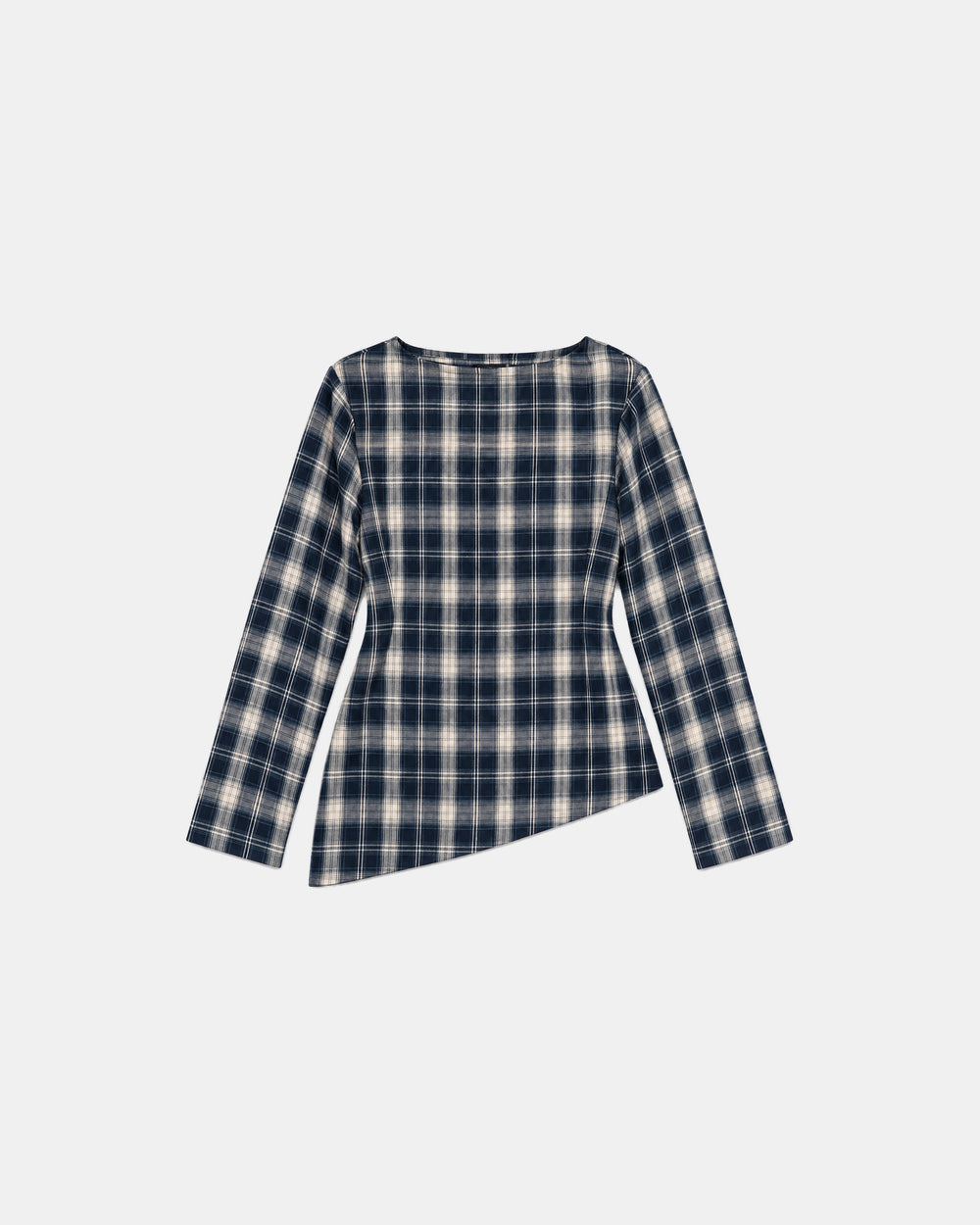 Asymmetric Plaid Blouse Navy – flat lay