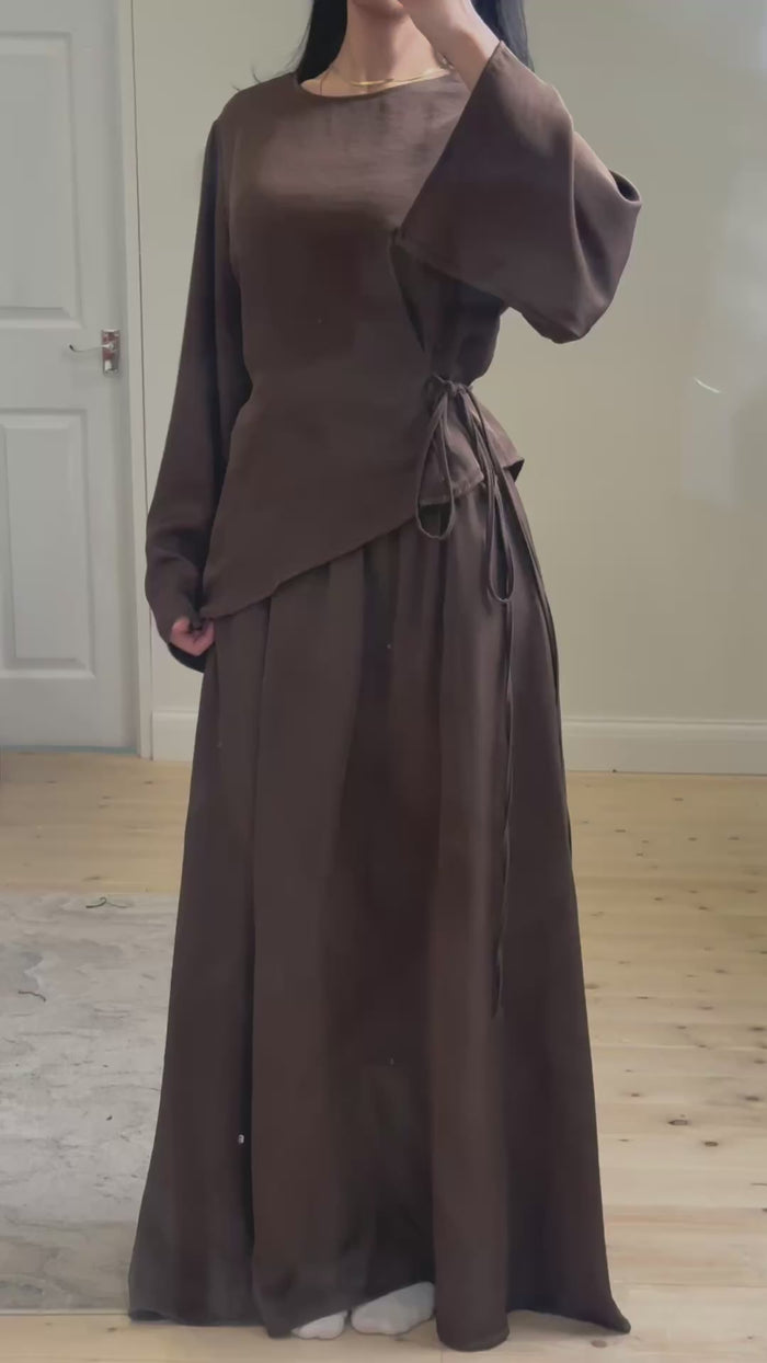 Asymmetrical Tie Belted Skirt Set worn — editorial