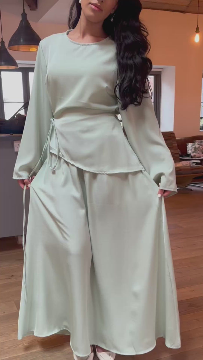 Asymmetrical Tie Belted Skirt Set worn — editorial