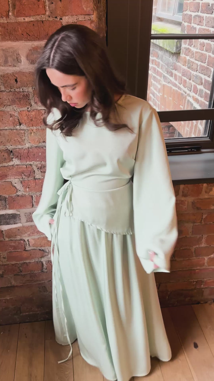 Asymmetrical Tie Belted Skirt Set worn — editorial