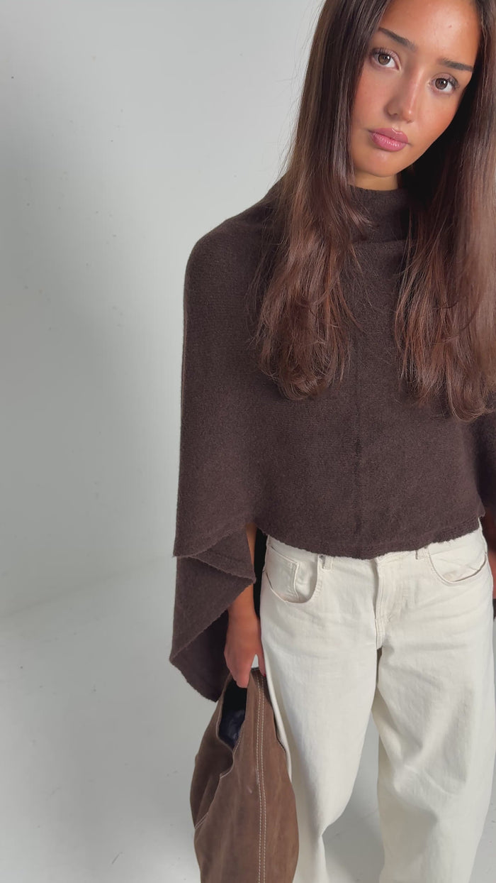 emlavish Asymmetrical Knitted Cape Poncho worn — editorial