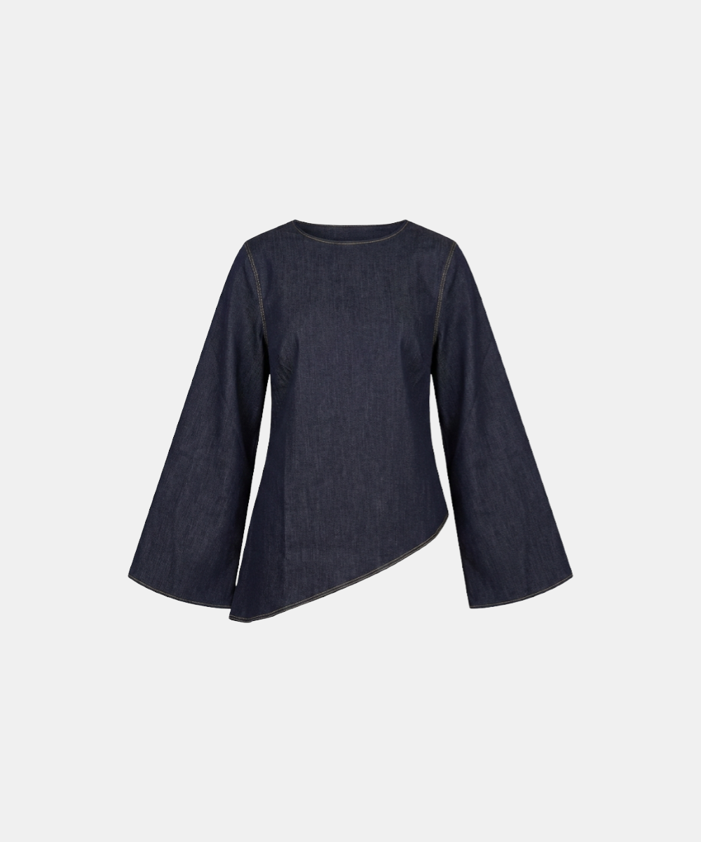 Denim Asymmetric Tie Bell-Sleeve Top