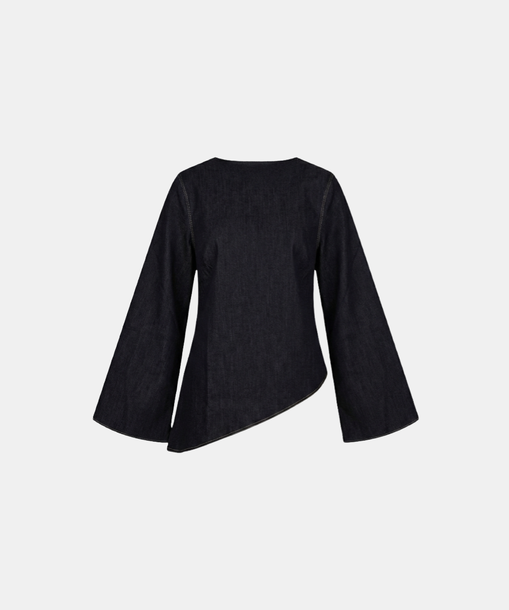 Denim Asymmetric Tie Bell-Sleeve Top