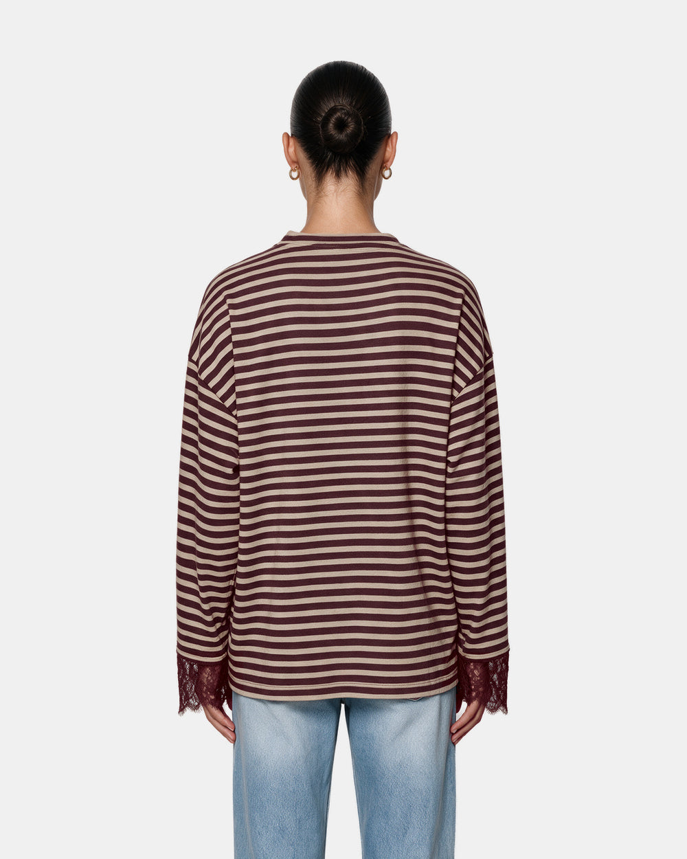 Striped Lace Cuff Jersey Top Wine