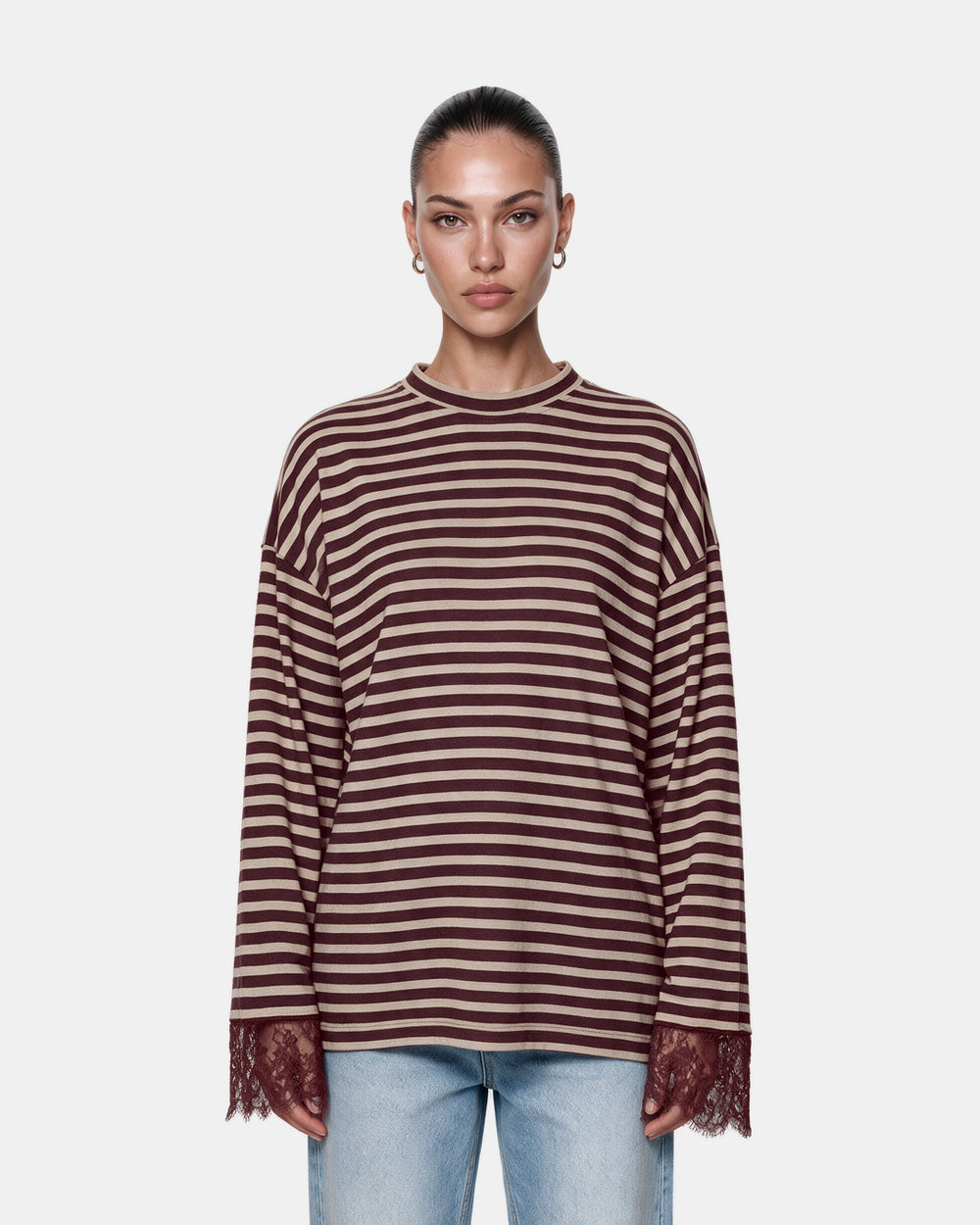 Striped Lace Cuff Jersey Top Wine