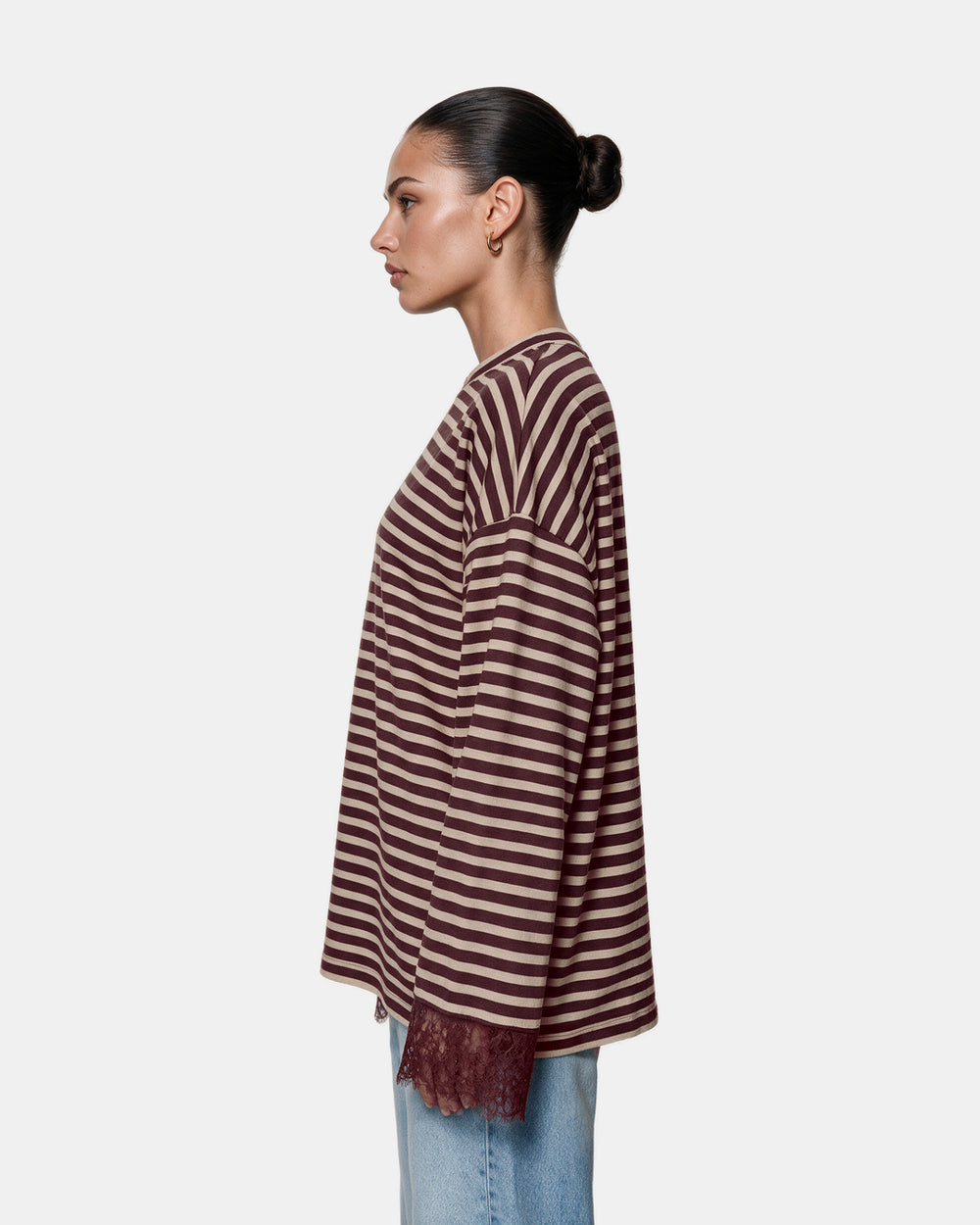 Striped Lace Cuff Jersey Top Wine